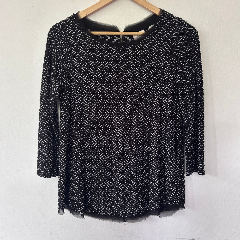 Anthropologie Postmark Black White Textured Wavy Knit 3/4 Sleeve Top Medium